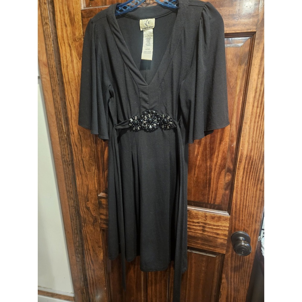 ICE Black Dress Size 4 Vintage Y2K Beaded Goth Batwing Sleeve A-Line Tie Back